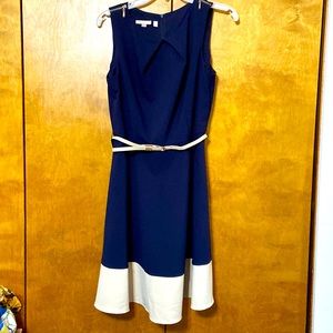 Signature Darby navy and tan belted, sleeveless dress, size 10P. Never worn